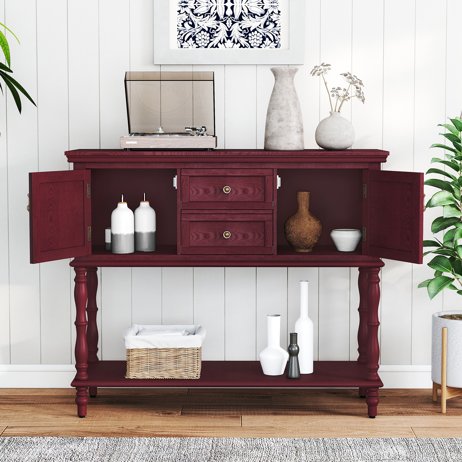 Retro Console Table With Storage, Narrow Entryway Table With 2 Drawers And 2 Door Cabinets, Long Sofa Table Behind Couch For Living Room, Foyer, Red_maomaolike.com